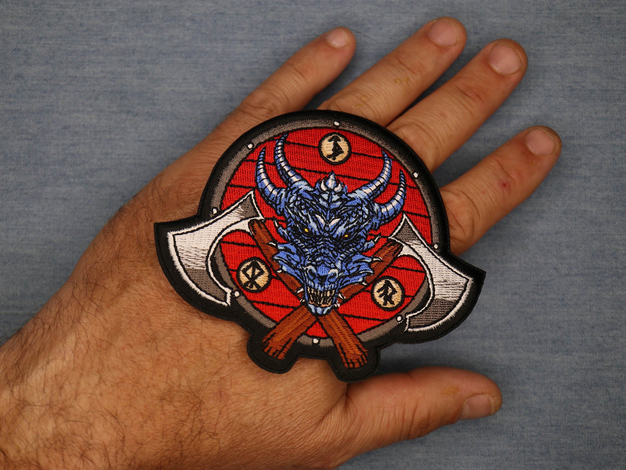 Viking Dragon and Axes Patch – Full-Color Embroidered Artwork ( 4 x 3 )